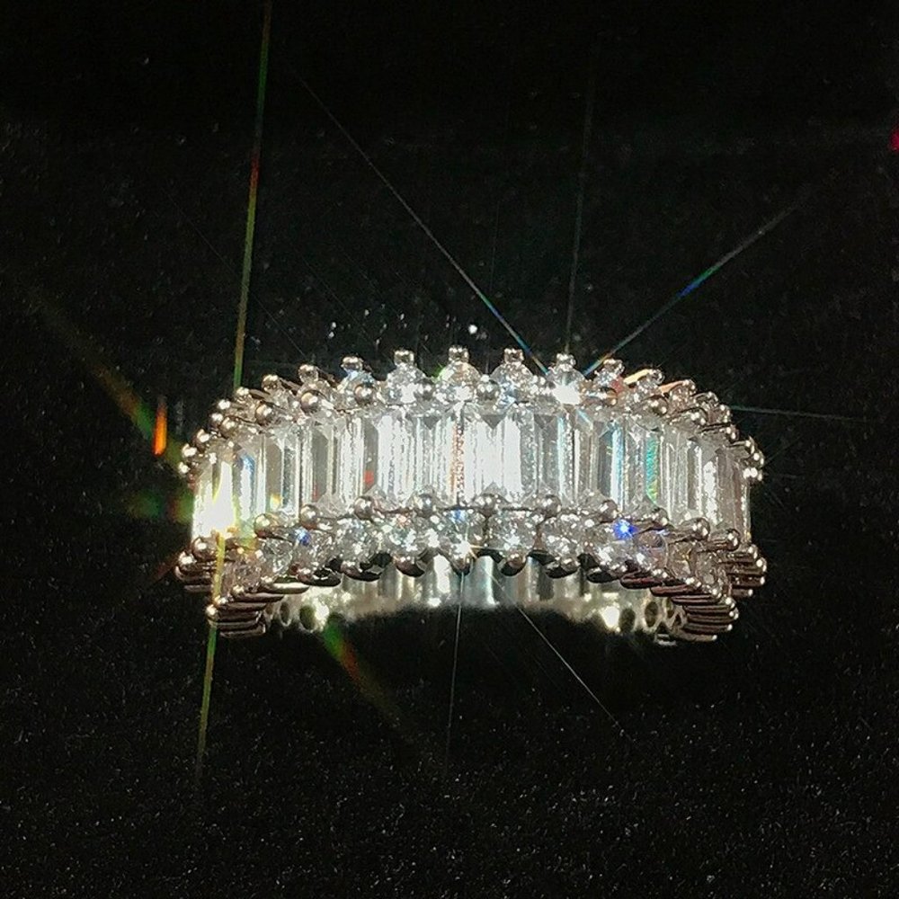NEW SILVER BAGUETTE ROUND DIAMOND ETERNITY RING - Picture 3 of 5
